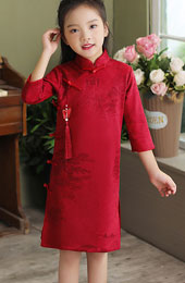 Red Print Suede Kids Girls Qipao Cheongsam Dress