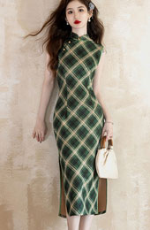 Red Green Plaid Midi Cheongsam Qipao Dress