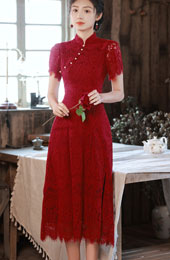 Burgundy Lace A-line Midi Cheongsam Qipao Dress