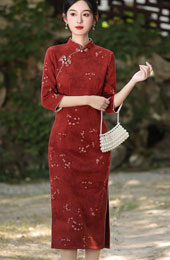 Floral Print Suede Winter Cheongsam Qipao Dress