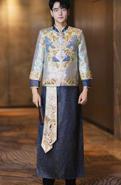 Blue Jacquard Beads Men Wedding Qun Kwa Jacket & Skirt