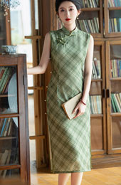 Brown Green Plaid Midi Cheongsam Qipao Dress
