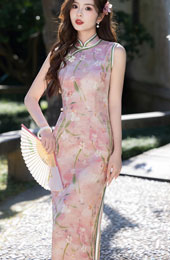 Pink Floral Print Maxi Cheongsam Qipao Dress