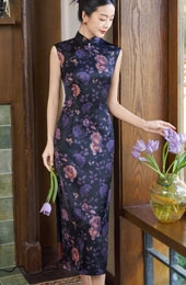 2026 Floral Print Silk Long Cheongsam Qipao Dress