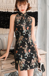 Halter Jacquard Phoenix Dragon Cheongsam Qipao Dress