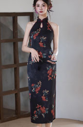 Black Summer Floral Print Halter Cheongsam Qipao Dress
