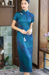 2026 Blue Print Satin Long Qipao Cheongsam Dress