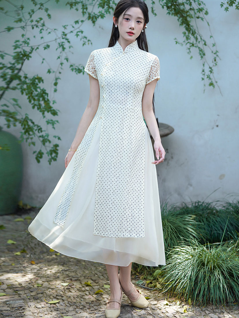 White Dots Lace A-Line Cheongsam Dress