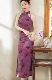 Purple Green Floral Halter Cheongsam Qipao Dress