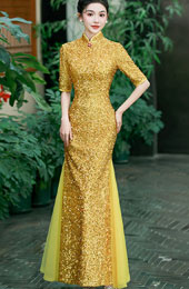 Gold Silver Sequins Long Cheongsam Qipao Dress