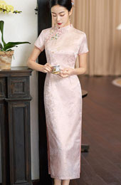 Yellow Pink Jacquard Long Qipao Cheongsam Dress
