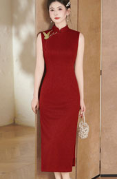 Red Black Embroidered Butterfly Cheongsam Qipao Dress