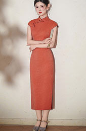 Orange Jacquard Long Cheongsam Qipao Dress