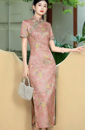 2026 Pink Floral Print Long Cheongsam Qipao Dress