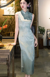 Blue Pink Floral Sleeveless Cheongsam Qipao Dress