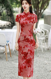 Red Floral Print Midi Cheongsam Qipao Dress