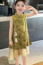 Green Jacquard Kids Girls Qipao Cheongsam Dress