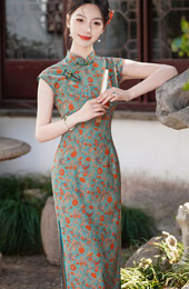 Blue Floral Print Long Cheongsam Qipao Dress