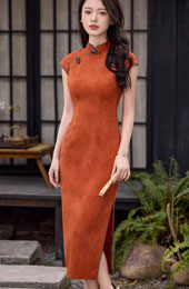Orange Jacquard Floral Long Cheongsam Qipao Dress