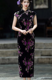 Floral Print Velvet Mothers Cheongsam Qipao Dress