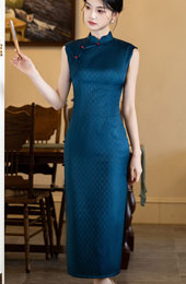 Blue Sleeveless Long Cheongsam Qipao Dress