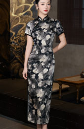 2026 Black Floral Print Mothers Cheongsam Qipao Dress