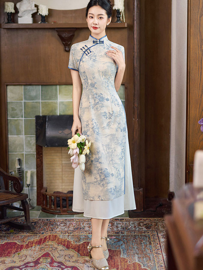 Blue Floral AoDai A-Line Cheongsam Qipao Dress