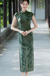Green Blue Floral Midi Cheongsam Qipao Dress