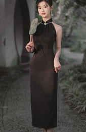 Black Pink Jacquard Halter Cheongsam Qipao Dress