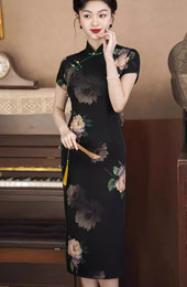 Black Floral Print Midi Cheongsam Qipao Dress