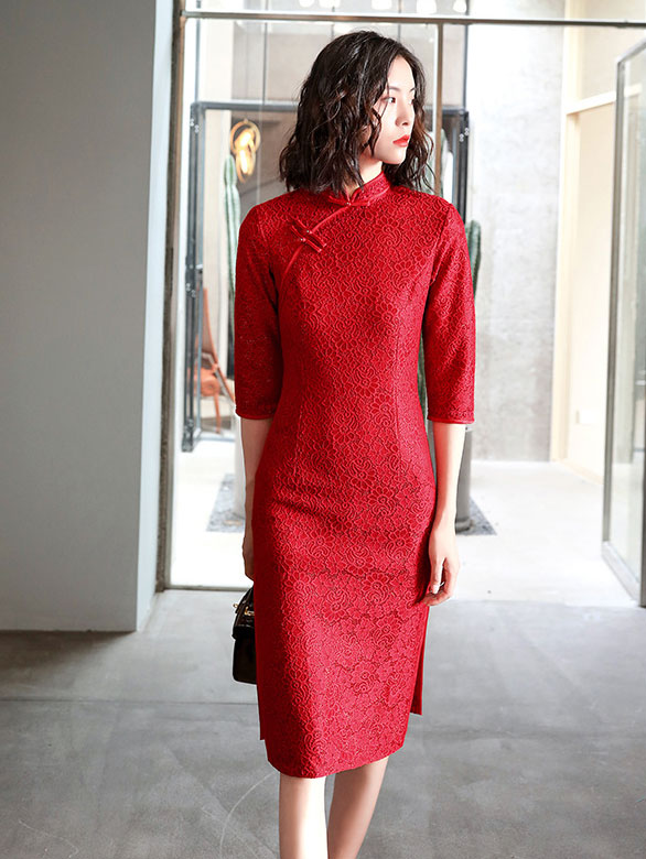 Red Lace Midi Qipao Cheongsam Dress