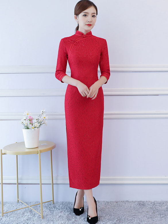 Red Lace Long Qipao Cheongsam Party Dress with Slit