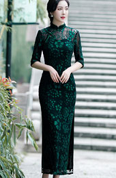 Green Floral Velvet Maxi Cheongsam Qipao Dress