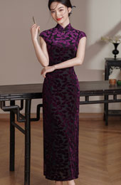 Purple Floral Velvet Long Cheongsam Qipao Dress