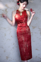 Red Keyhole Halter Long Wedding Cheongsam Qipao Dress