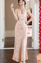 Pink Green Jacquard Halter Cheongsam Qipao Dress