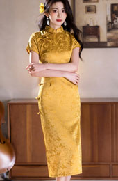 Gold Jacquard Midi Cheongsam Qipao Dress