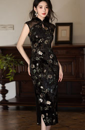 Black Floral Velvet Long Cheongsam Qipao Dress