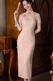 Pink Floral Print Long Cheongsam Qipao Dress