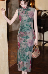 Green Floral Sleeveless Long Cheongsam Qipao Dress
