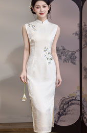 White Embroidered Sleeveless Cheongsam Qipao Dress