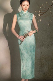 Green Floral Print Sleeveless Cheongsam Qipao Dress
