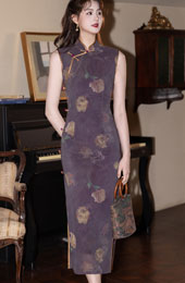 Purple Floral Sleeveless Cheongsam Qipao Dress