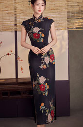 Black Floral Maxi Cheongsam Qipao Dress