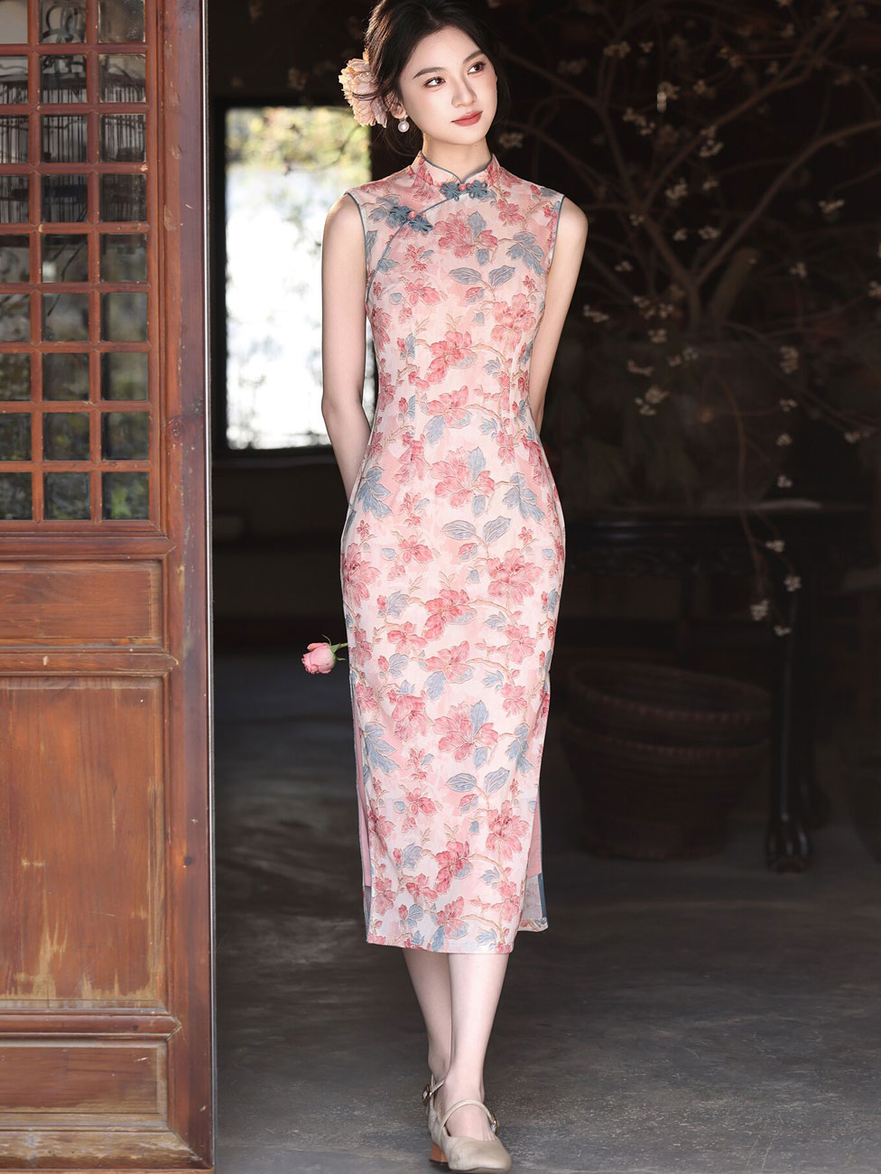 Pink Floral Sleeveless Cheongsam Qipao Dress