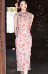 Pink Floral Sleeveless Cheongsam Qipao Dress