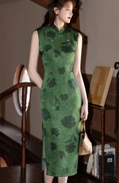 Green Floral Print Sleeveless Cheongsam Qipao Dress