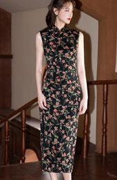 Black Floral Print Sleeveless Cheongsam Qipao Dress