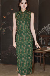 Green Plaid Sleeveless Cheongsam Qipao Dress