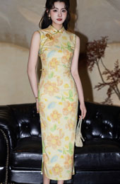 Yellow Floral Print Sleeveless Cheongsam Qipao Dress